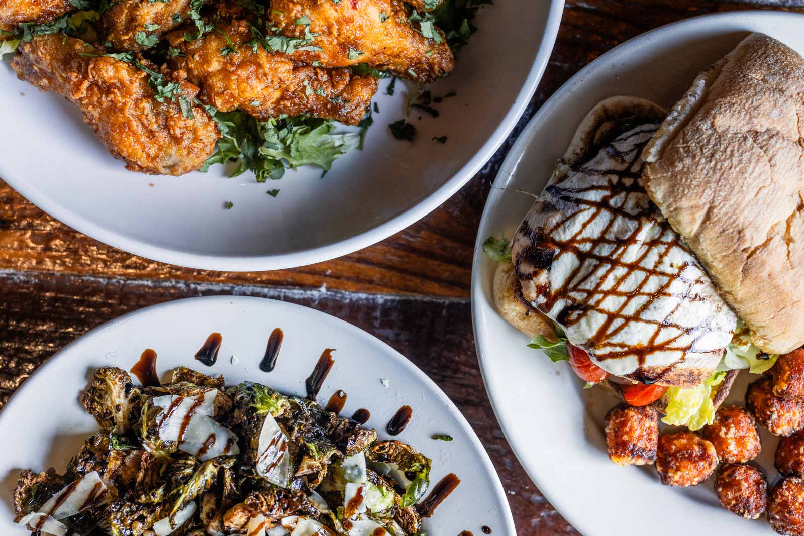 Pesto Chicken Ciabatta, Wings, Brussels Sprouts